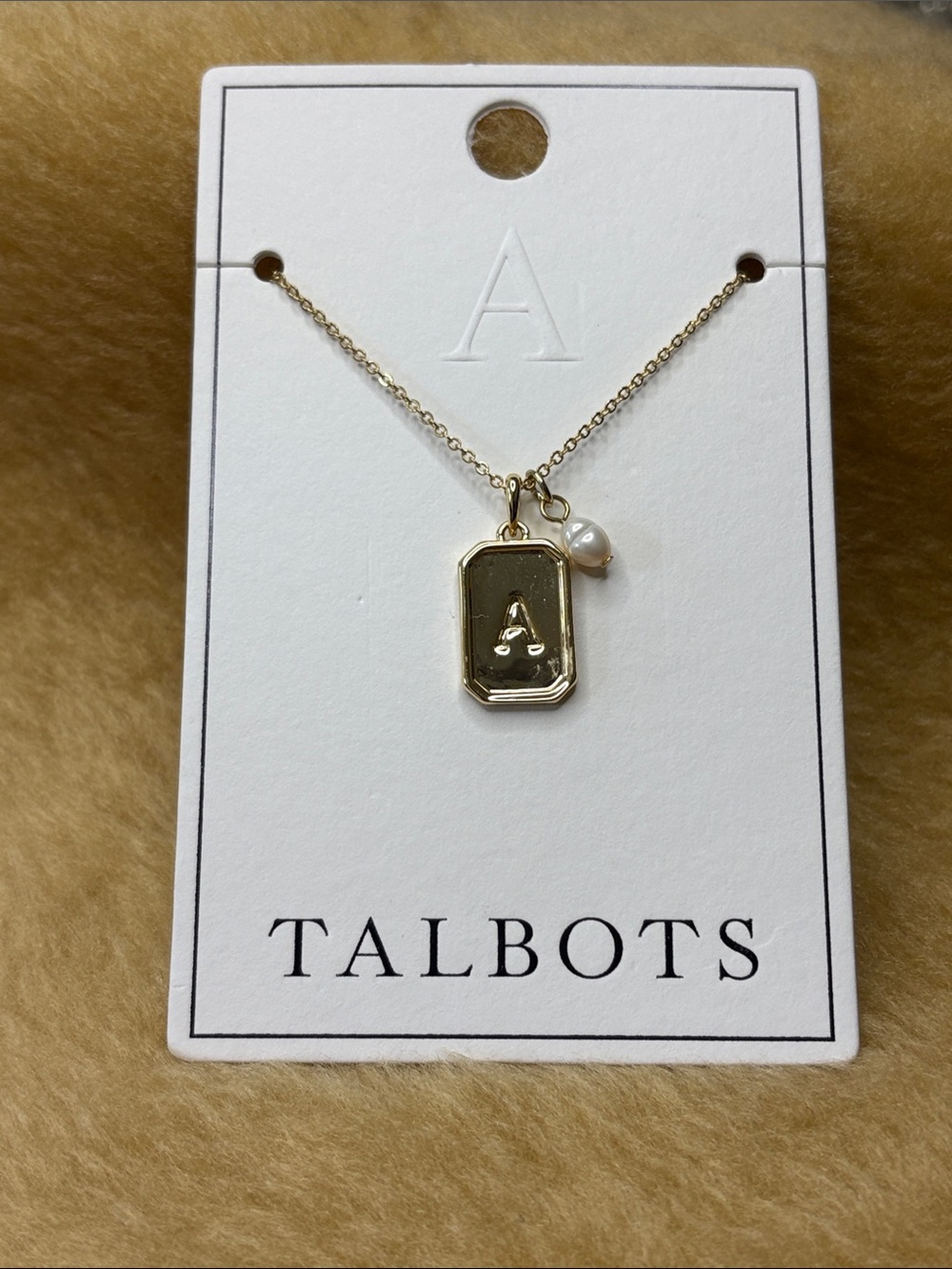 Talbots Gold-Tone 'A' Tag Necklace with Pearl Charm